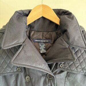 French Connection Black Coat Quilted Details Hood & Belt 4